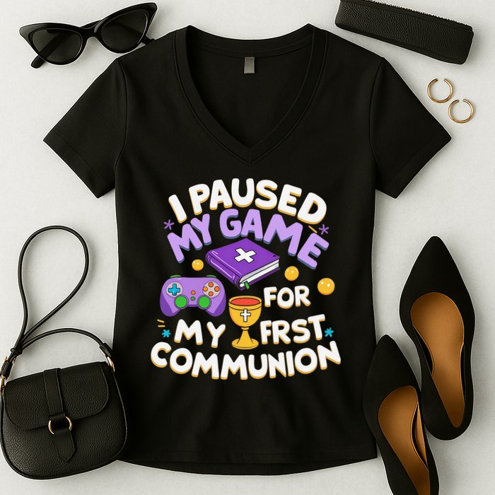My First Communion Video Game Controller Women's V-Neck T-Shirt