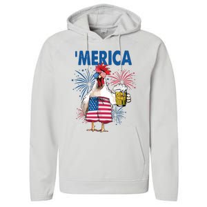 Merica Funny Chicken With Beer USA Flag 4th Of July Performance Fleece Hoodie