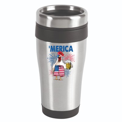 Merica Funny Chicken With Beer USA Flag 4th Of July 16oz Travel Tumbler