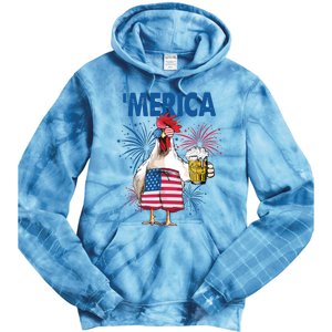 Merica Funny Chicken With Beer USA Flag 4th Of July Tie Dye Hoodie