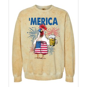 Merica Funny Chicken With Beer USA Flag 4th Of July Colorblast Crewneck Sweatshirt