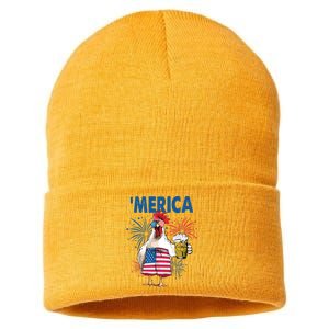 Merica Funny Chicken With Beer USA Flag 4th Of July Sustainable Knit Beanie