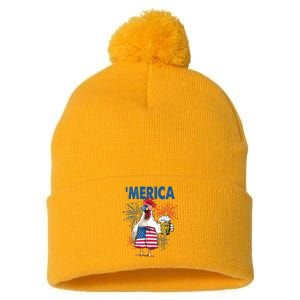 Merica Funny Chicken With Beer USA Flag 4th Of July Pom Pom 12in Knit Beanie