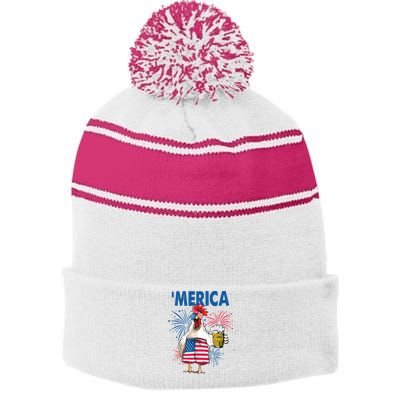 Merica Funny Chicken With Beer USA Flag 4th Of July Stripe Pom Pom Beanie