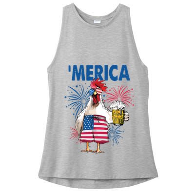 Merica Funny Chicken With Beer USA Flag 4th Of July Ladies PosiCharge Tri-Blend Wicking Tank