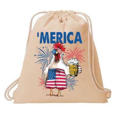 Merica Funny Chicken With Beer USA Flag 4th Of July Drawstring Bag