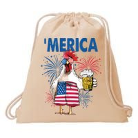 Merica Funny Chicken With Beer USA Flag 4th Of July Drawstring Bag