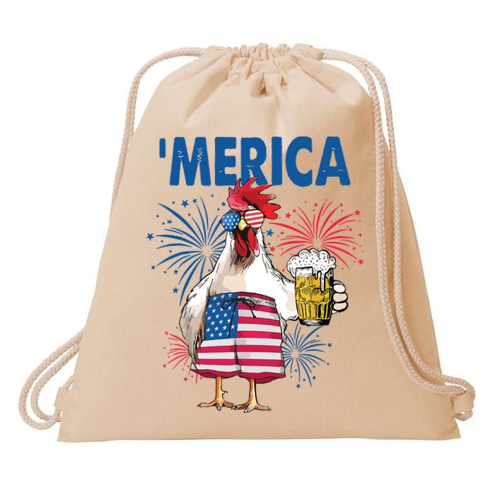 Merica Funny Chicken With Beer USA Flag 4th Of July Drawstring Bag