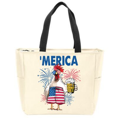 Merica Funny Chicken With Beer USA Flag 4th Of July Zip Tote Bag