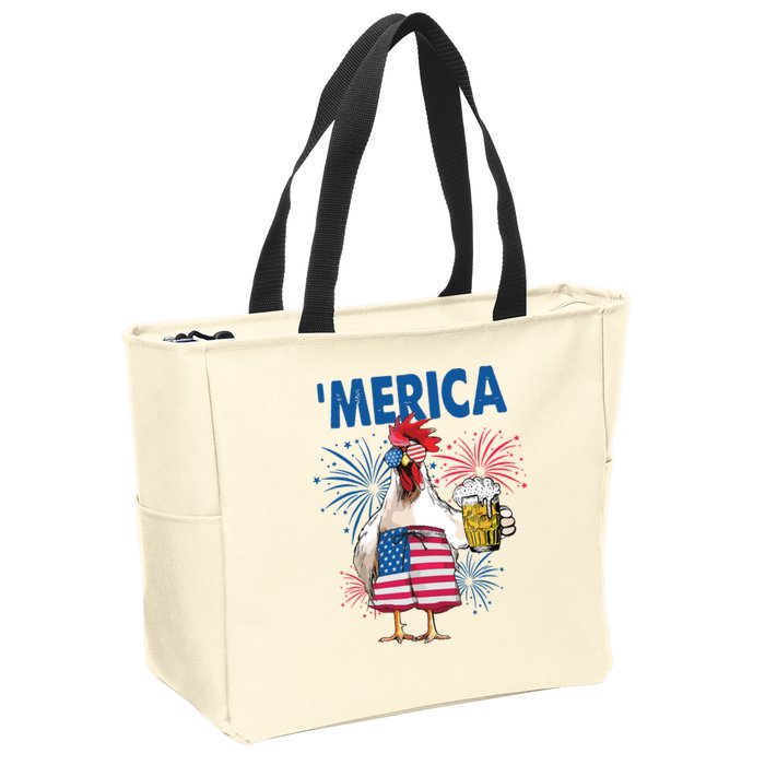 Merica Funny Chicken With Beer USA Flag 4th Of July Zip Tote Bag