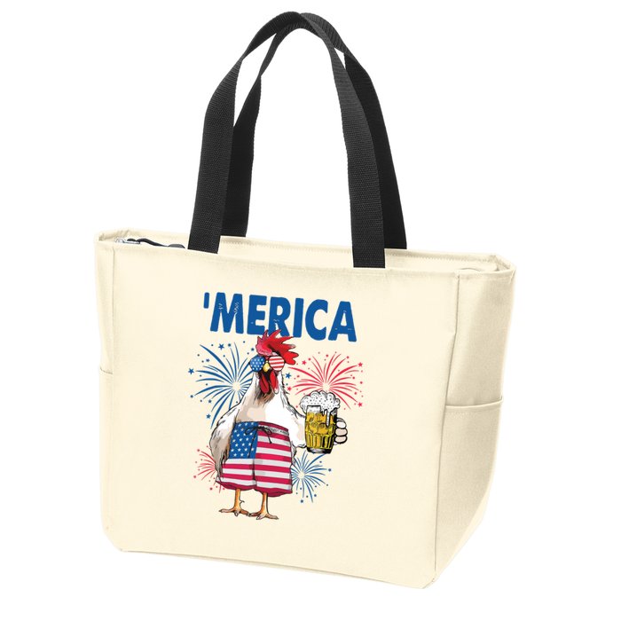 Merica Funny Chicken With Beer USA Flag 4th Of July Zip Tote Bag