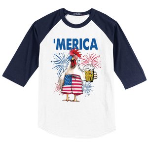 Merica Funny Chicken With Beer USA Flag 4th Of July Baseball Sleeve Shirt