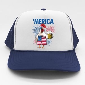 Merica Funny Chicken With Beer USA Flag 4th Of July Trucker Hat