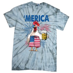 Merica Funny Chicken With Beer USA Flag 4th Of July Tie-Dye T-Shirt