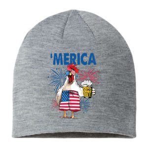 Merica Funny Chicken With Beer USA Flag 4th Of July Sustainable Beanie