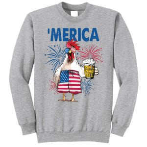 Merica Funny Chicken With Beer USA Flag 4th Of July Tall Sweatshirt