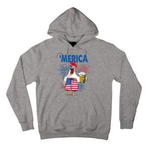 Merica Funny Chicken With Beer USA Flag 4th Of July Tall Hoodie