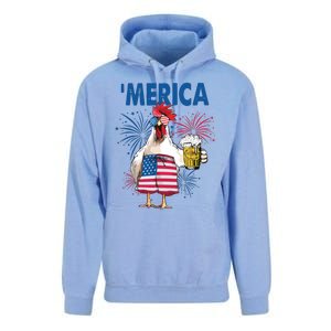 Merica Funny Chicken With Beer USA Flag 4th Of July Unisex Surf Hoodie