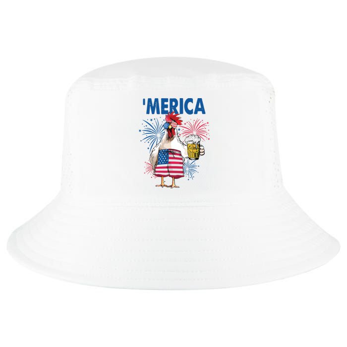 Merica Funny Chicken With Beer USA Flag 4th Of July Cool Comfort Performance Bucket Hat