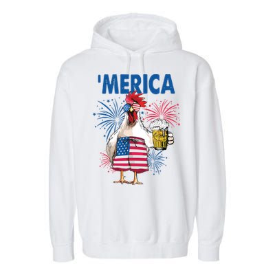Merica Funny Chicken With Beer USA Flag 4th Of July Garment-Dyed Fleece Hoodie