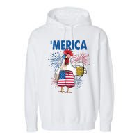 Merica Funny Chicken With Beer USA Flag 4th Of July Garment-Dyed Fleece Hoodie