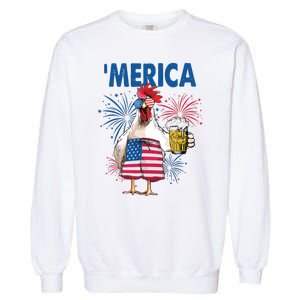 Merica Funny Chicken With Beer USA Flag 4th Of July Garment-Dyed Sweatshirt