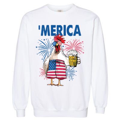 Merica Funny Chicken With Beer USA Flag 4th Of July Garment-Dyed Sweatshirt