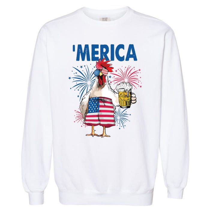 Merica Funny Chicken With Beer USA Flag 4th Of July Garment-Dyed Sweatshirt