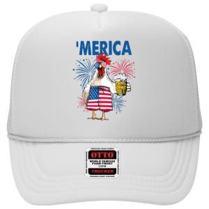 Merica Funny Chicken With Beer USA Flag 4th Of July High Crown Mesh Back Trucker Hat