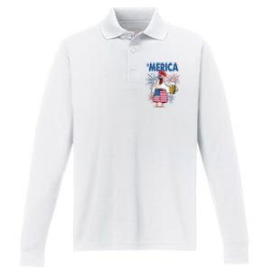 Merica Funny Chicken With Beer USA Flag 4th Of July Performance Long Sleeve Polo