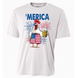 Merica Funny Chicken With Beer USA Flag 4th Of July Cooling Performance Crew T-Shirt