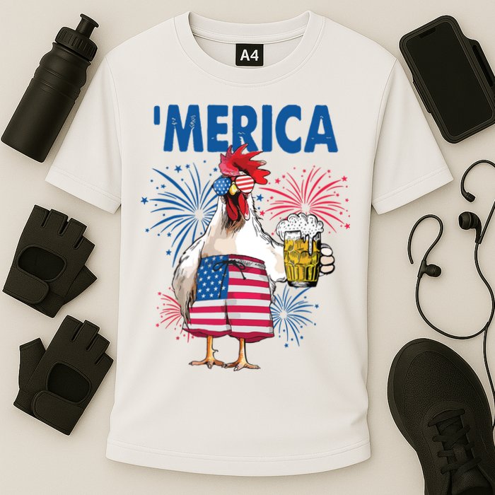 Merica Funny Chicken With Beer USA Flag 4th Of July Performance Shirt