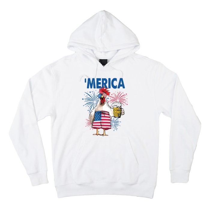 Merica Funny Chicken With Beer USA Flag 4th Of July Hoodie