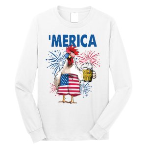 Merica Funny Chicken With Beer USA Flag 4th Of July Long Sleeve Shirt