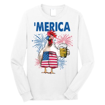 Merica Funny Chicken With Beer USA Flag 4th Of July Long Sleeve Shirt