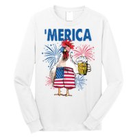 Merica Funny Chicken With Beer USA Flag 4th Of July Long Sleeve Shirt