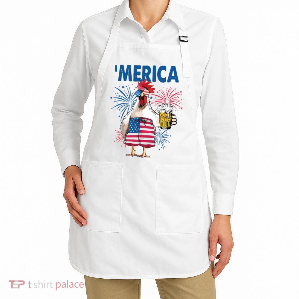 Merica Funny Chicken With Beer USA Flag 4th Of July Apron