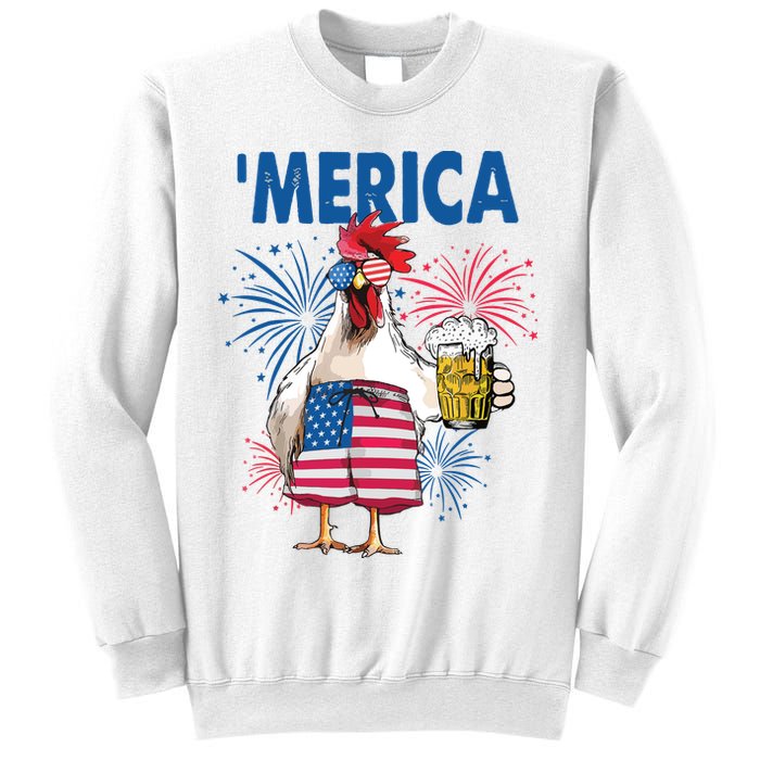 Merica Funny Chicken With Beer USA Flag 4th Of July Sweatshirt