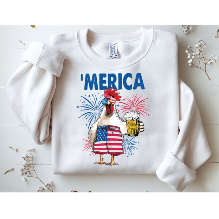 Merica Funny Chicken With Beer USA Flag 4th Of July Sweatshirt