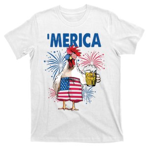 Merica Funny Chicken With Beer USA Flag 4th Of July T-Shirt