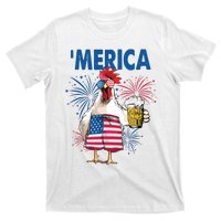 Merica Funny Chicken With Beer USA Flag 4th Of July T-Shirt