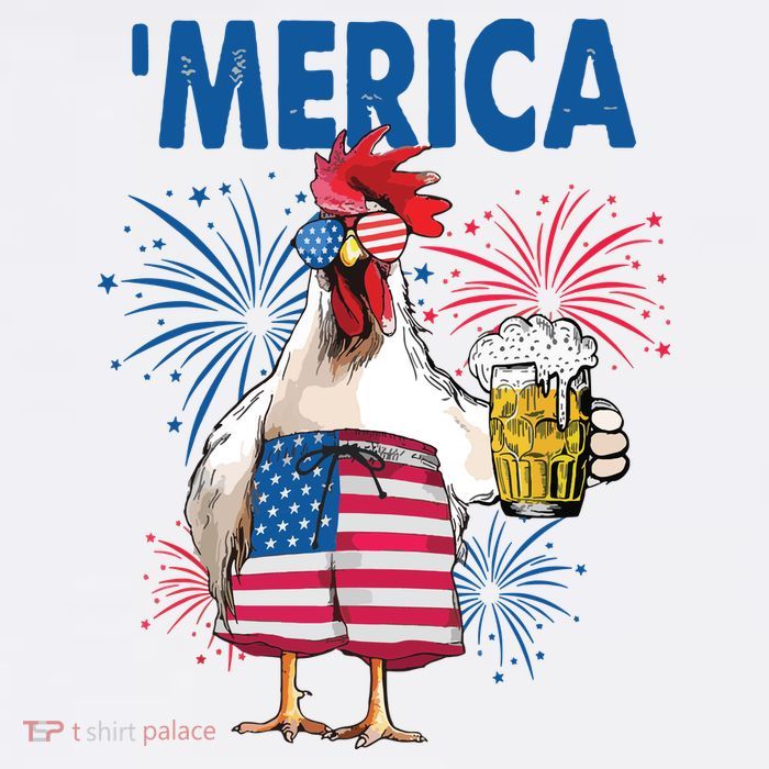 Merica Funny Chicken With Beer USA Flag 4th Of July T-Shirt