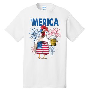 Merica Funny Chicken With Beer USA Flag 4th Of July Tall T-Shirt