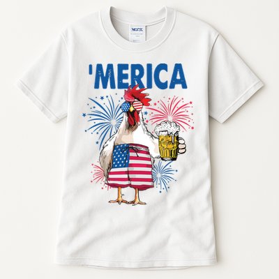 Merica Funny Chicken With Beer USA Flag 4th Of July Tall T-Shirt