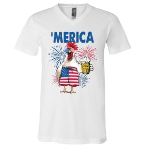 Merica Funny Chicken With Beer USA Flag 4th Of July V-Neck T-Shirt