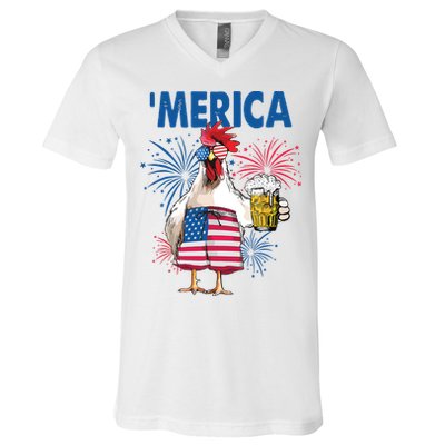 Merica Funny Chicken With Beer USA Flag 4th Of July V-Neck T-Shirt