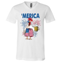 Merica Funny Chicken With Beer USA Flag 4th Of July V-Neck T-Shirt