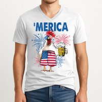 Merica Funny Chicken With Beer USA Flag 4th Of July V-Neck T-Shirt