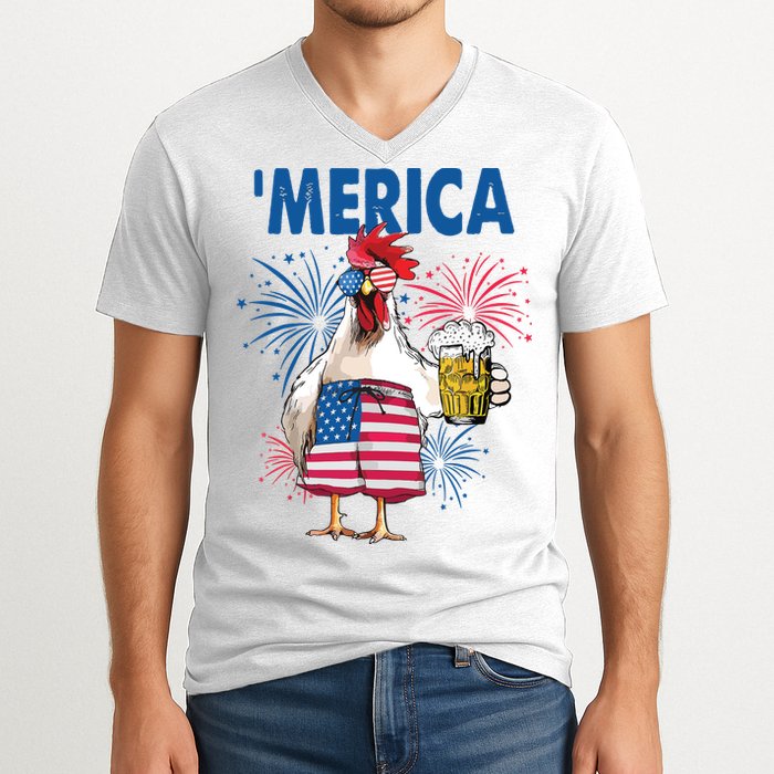Merica Funny Chicken With Beer USA Flag 4th Of July V-Neck T-Shirt