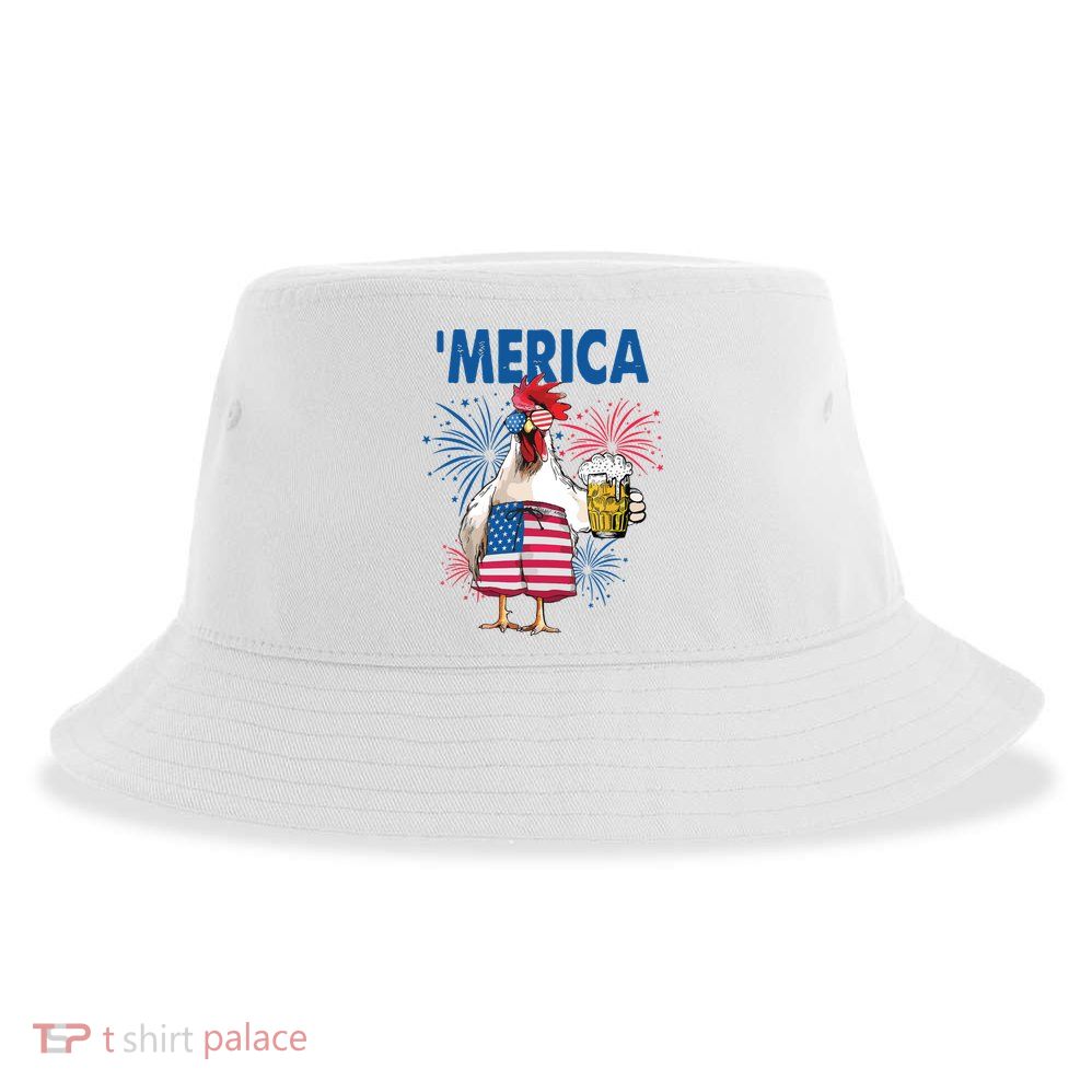 Merica Funny Chicken With Beer USA Flag 4th Of July Sustainable Bucket Hat